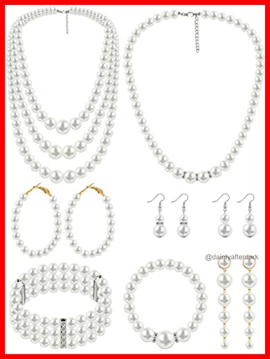 Jewelry - Faux Pearl Necklace and Earring Set with Bracelet - 8 Piece Jewelry Set for